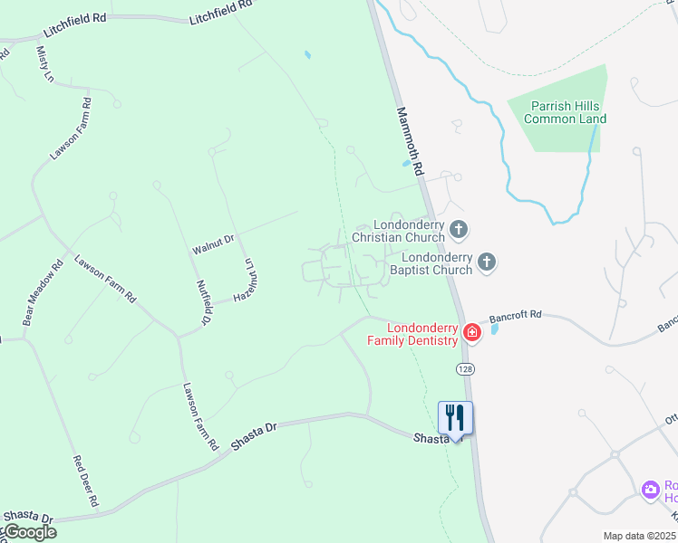 map of restaurants, bars, coffee shops, grocery stores, and more near 114 Fieldstone Drive in Londonderry