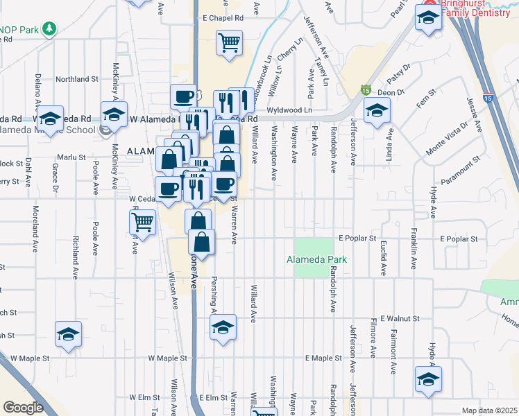 map of restaurants, bars, coffee shops, grocery stores, and more near 678 Willard Avenue in Pocatello