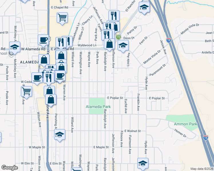 map of restaurants, bars, coffee shops, grocery stores, and more near 682 Randolph Avenue in Pocatello