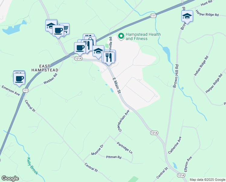map of restaurants, bars, coffee shops, grocery stores, and more near 196 East Main Street in Hampstead