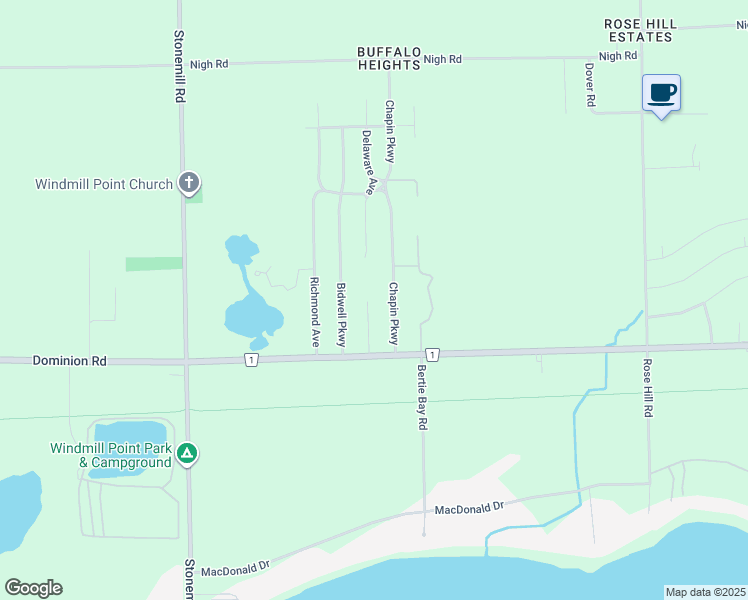 map of restaurants, bars, coffee shops, grocery stores, and more near 455 Chapin Parkway in Fort Erie