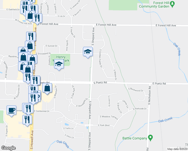 map of restaurants, bars, coffee shops, grocery stores, and more near 8638 South Shepard Avenue in Oak Creek