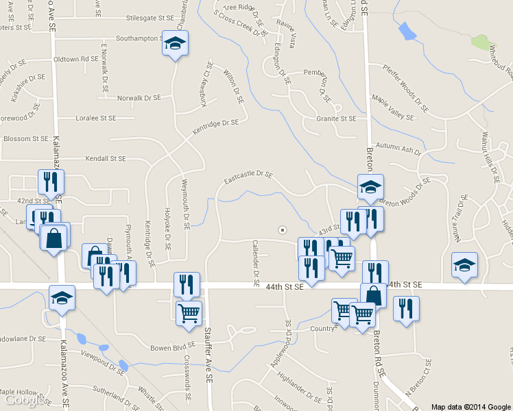 map of restaurants, bars, coffee shops, grocery stores, and more near 2035 43rd Street Southeast in Grand Rapids