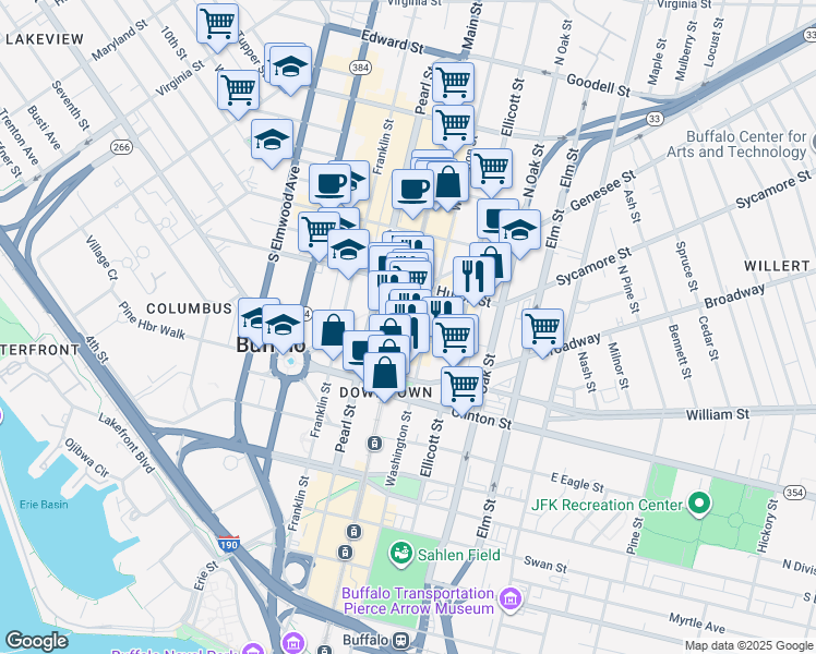 map of restaurants, bars, coffee shops, grocery stores, and more near 540 Main Street in Buffalo