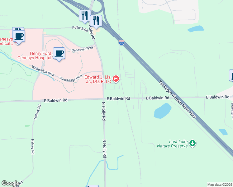 map of restaurants, bars, coffee shops, grocery stores, and more near 9487 Holly Road in Grand Blanc