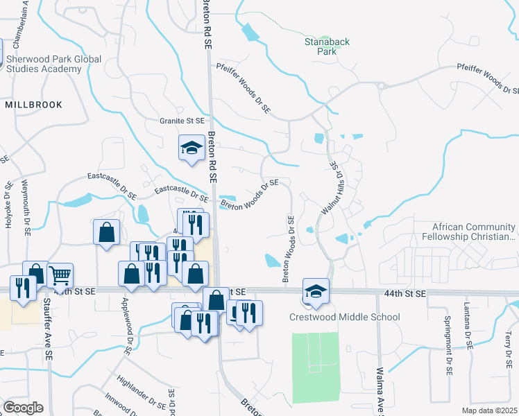 map of restaurants, bars, coffee shops, grocery stores, and more near 2500 Breton Woods Dr SE in Kentwood