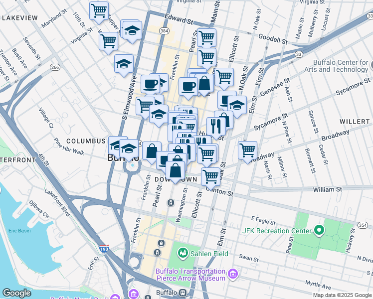 map of restaurants, bars, coffee shops, grocery stores, and more near 540 Main Street in Buffalo