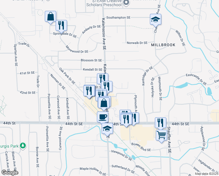 map of restaurants, bars, coffee shops, grocery stores, and more near 4164 Kalamazoo Avenue Southeast in Grand Rapids