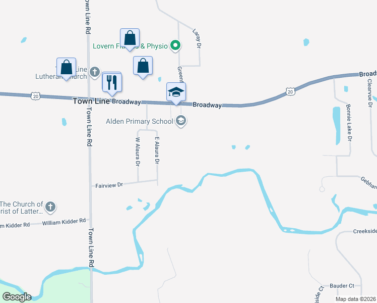 map of restaurants, bars, coffee shops, grocery stores, and more near 11197 Broadway in Alden
