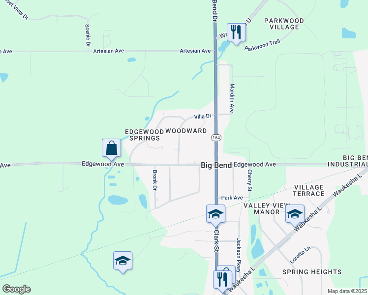 map of restaurants, bars, coffee shops, grocery stores, and more near W231S8635 Villa Drive in Big Bend