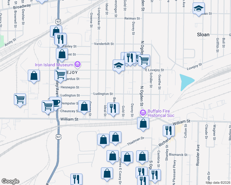 map of restaurants, bars, coffee shops, grocery stores, and more near 120 Gold Street in Buffalo