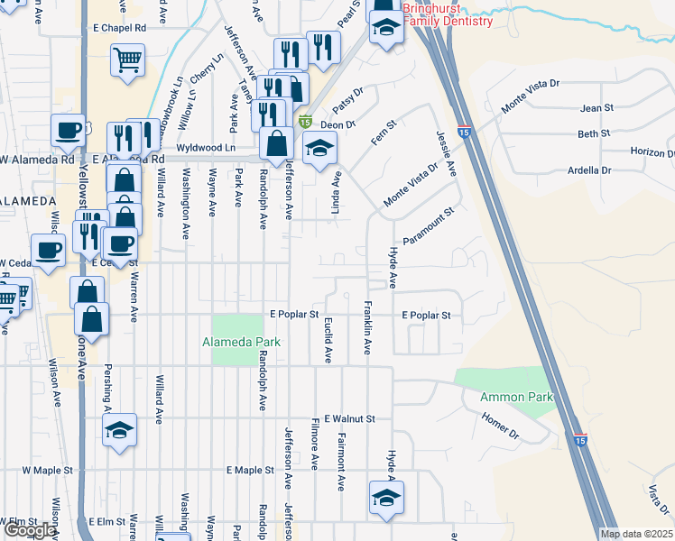 map of restaurants, bars, coffee shops, grocery stores, and more near 1044 East Cedar Street in Pocatello