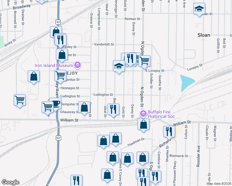 map of restaurants, bars, coffee shops, grocery stores, and more near 120 Gold Street in Buffalo