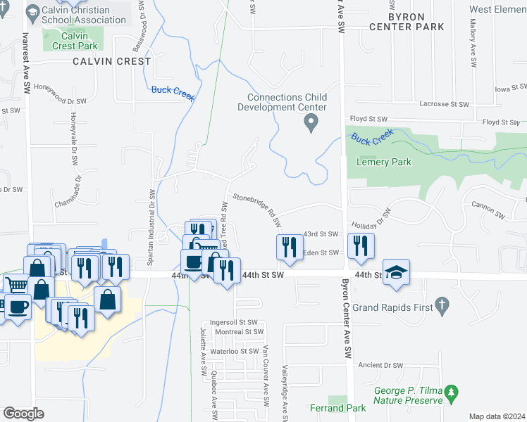 map of restaurants, bars, coffee shops, grocery stores, and more near 4277 Stonebridge Road Southwest in Wyoming