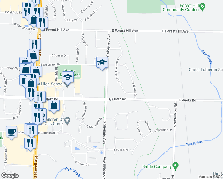 map of restaurants, bars, coffee shops, grocery stores, and more near 8634 South Shepard Avenue in Oak Creek