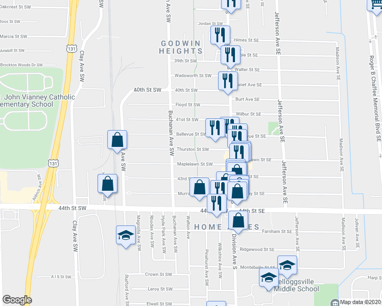 map of restaurants, bars, coffee shops, grocery stores, and more near 116 Thurston Street Southwest in Wyoming