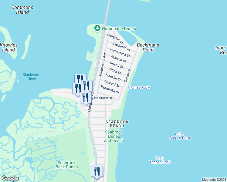 map of restaurants, bars, coffee shops, grocery stores, and more near 83 Pembroke Street in Seabrook