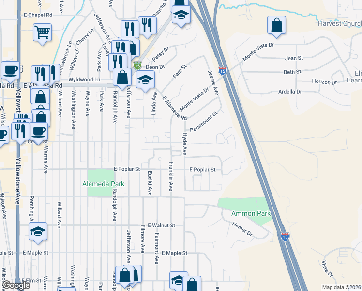 map of restaurants, bars, coffee shops, grocery stores, and more near 675 Hyde Avenue in Pocatello