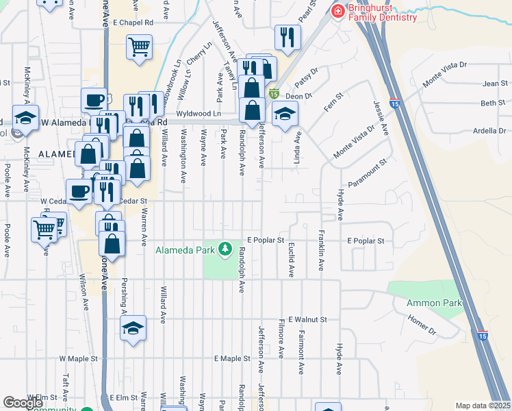 map of restaurants, bars, coffee shops, grocery stores, and more near 855 East Cedar Street in Pocatello