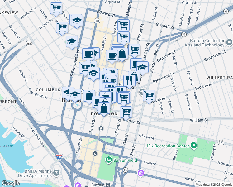 map of restaurants, bars, coffee shops, grocery stores, and more near 540 Main Street in Buffalo