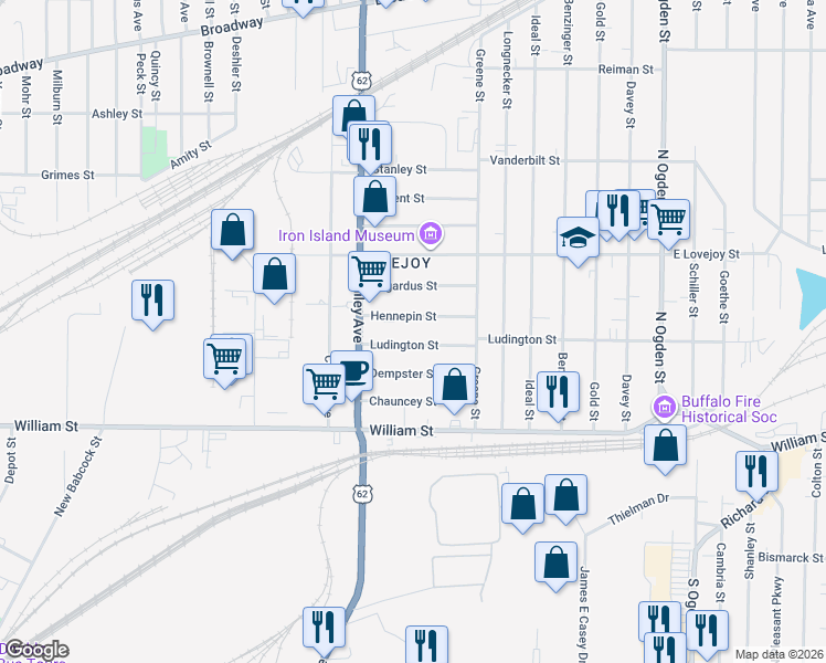 map of restaurants, bars, coffee shops, grocery stores, and more near 74 Hennepin Street in Buffalo