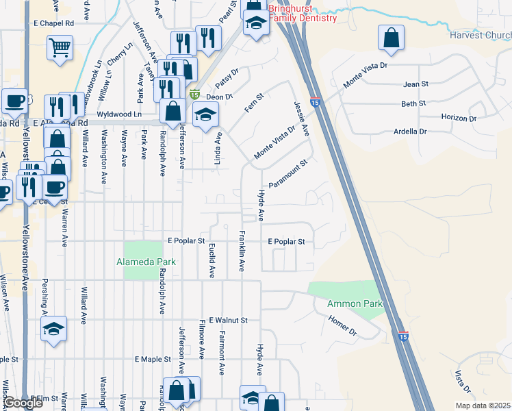 map of restaurants, bars, coffee shops, grocery stores, and more near 1234 East Cedar Street in Pocatello
