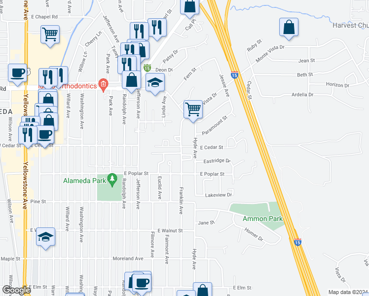 map of restaurants, bars, coffee shops, grocery stores, and more near 1234 East Cedar Street in Pocatello