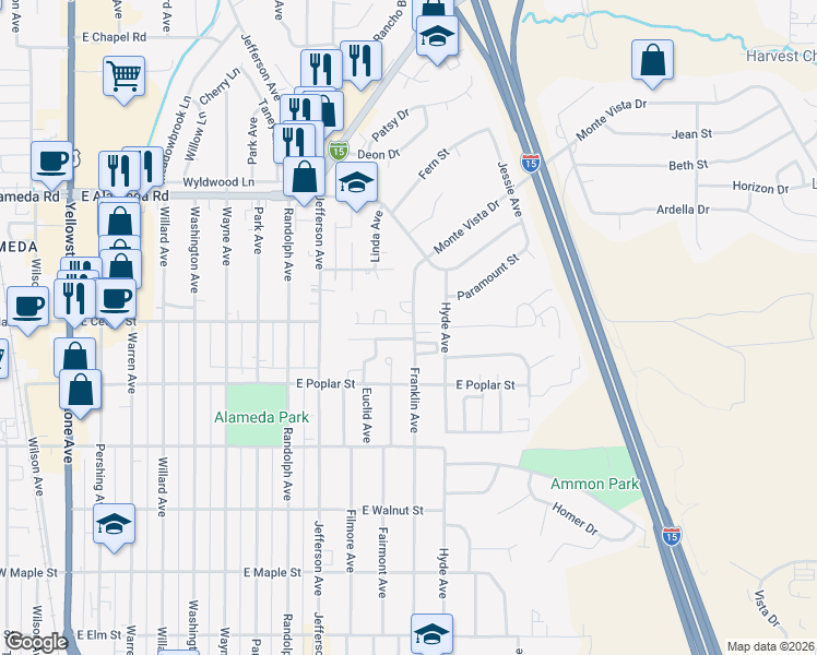 map of restaurants, bars, coffee shops, grocery stores, and more near in Pocatello