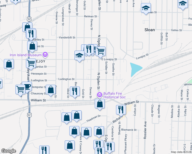 map of restaurants, bars, coffee shops, grocery stores, and more near 122 North Ogden Street in Buffalo