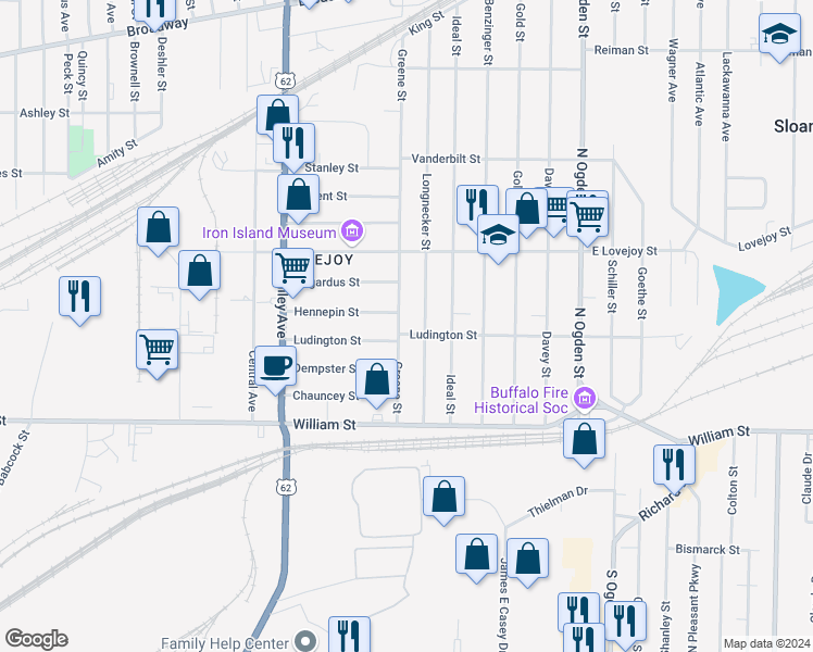 map of restaurants, bars, coffee shops, grocery stores, and more near 110 Hennepin Street in Buffalo