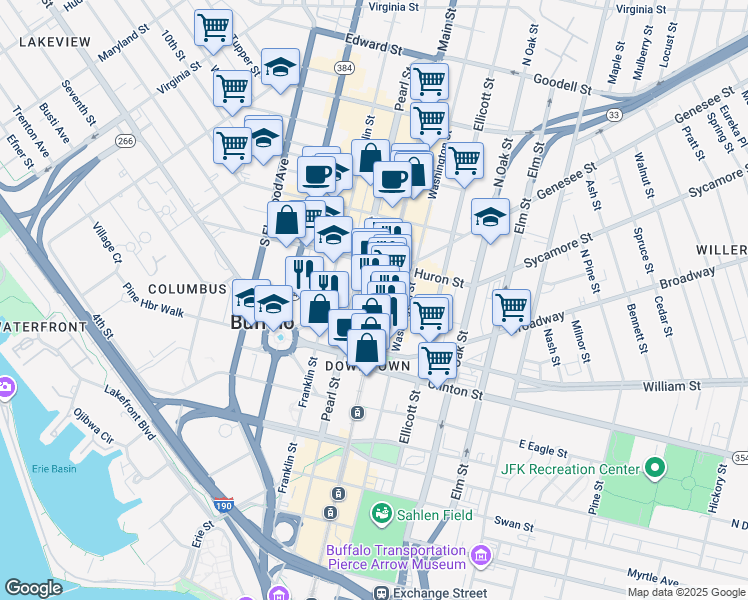 map of restaurants, bars, coffee shops, grocery stores, and more near in Buffalo