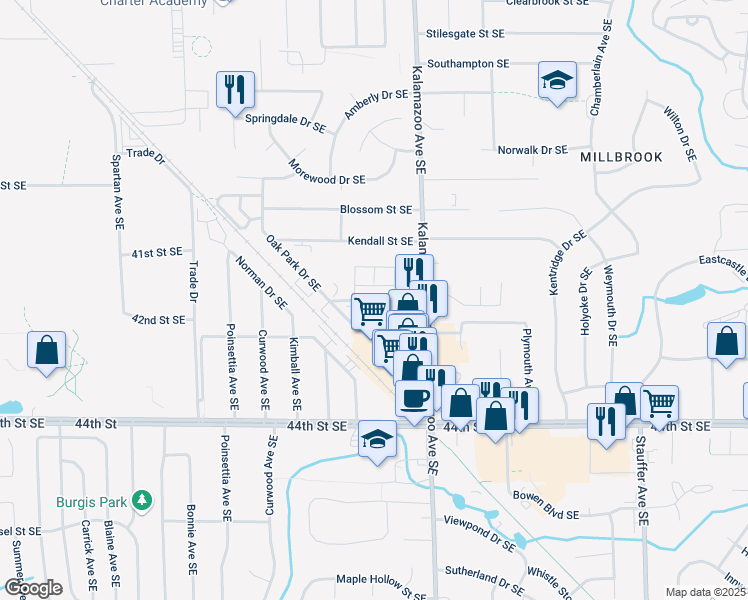 map of restaurants, bars, coffee shops, grocery stores, and more near 4121 Saxony Court Southeast in Grand Rapids