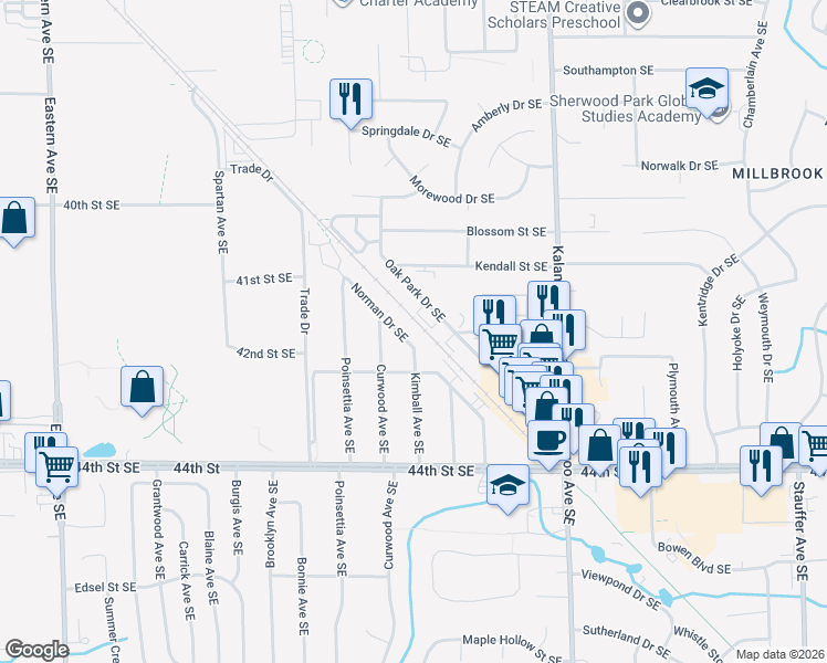 map of restaurants, bars, coffee shops, grocery stores, and more near 4141 Oak Park Drive Southeast in Grand Rapids