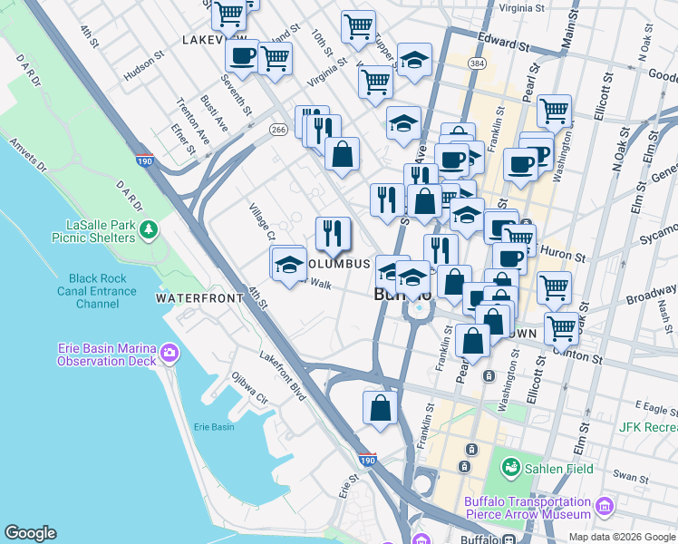 map of restaurants, bars, coffee shops, grocery stores, and more near 32-44 7th Street in Buffalo