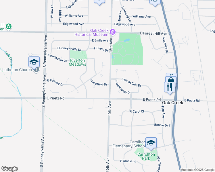map of restaurants, bars, coffee shops, grocery stores, and more near 3120 Stonefield Drive in Oak Creek