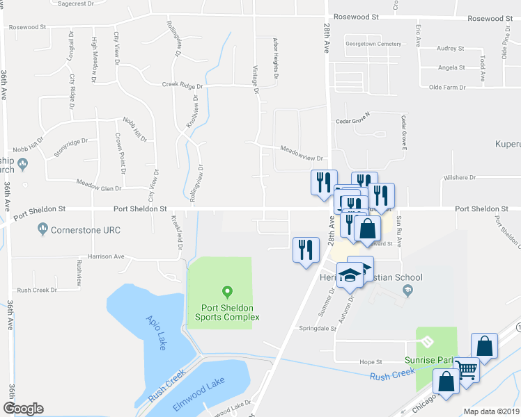 map of restaurants, bars, coffee shops, grocery stores, and more near 3000 Port Sheldon Street in Hudsonville