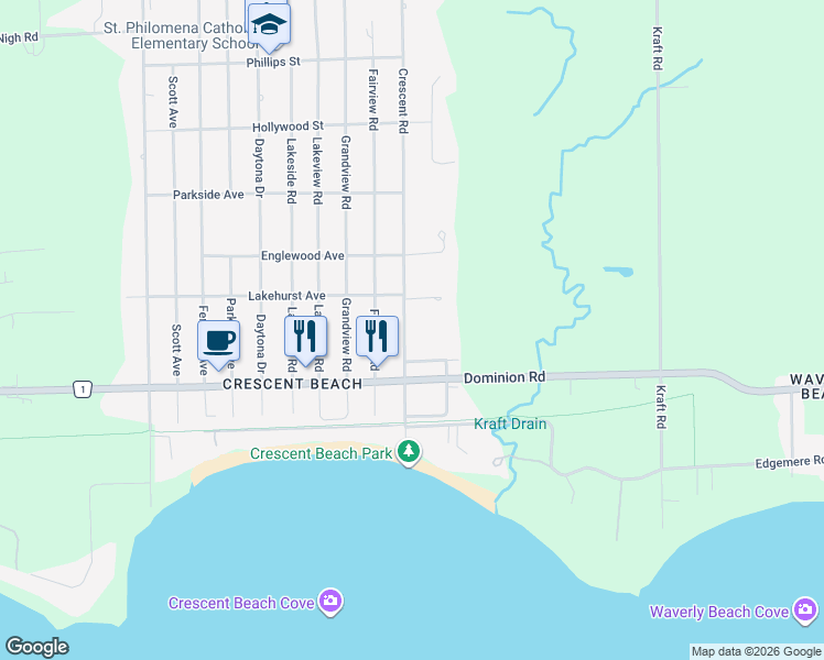 map of restaurants, bars, coffee shops, grocery stores, and more near in Fort Erie