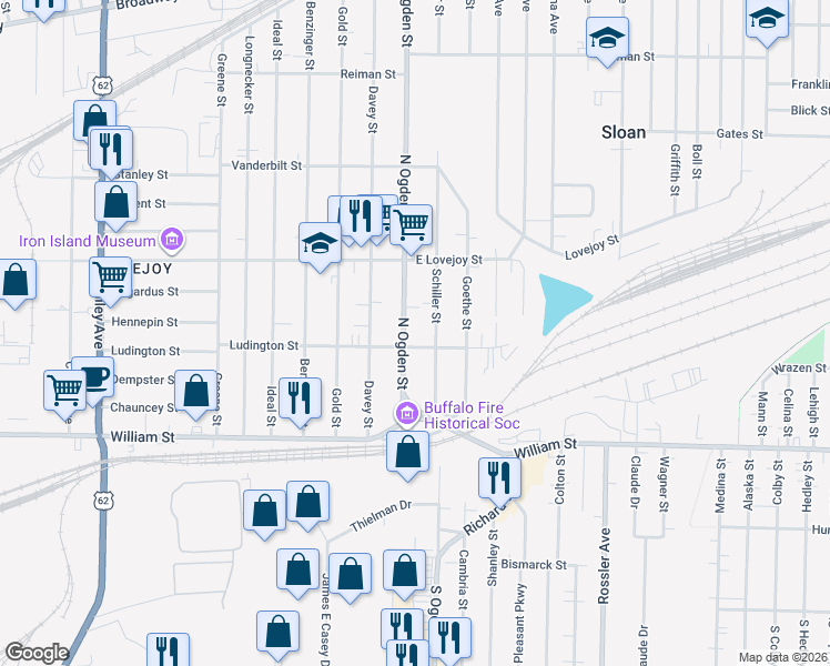 map of restaurants, bars, coffee shops, grocery stores, and more near 122 North Ogden Street in Buffalo