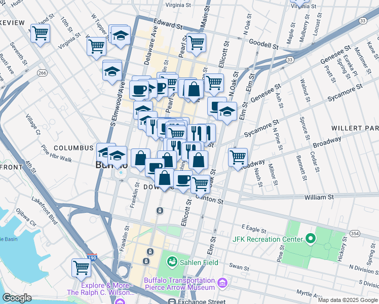 map of restaurants, bars, coffee shops, grocery stores, and more near 504 Washington Street in Buffalo