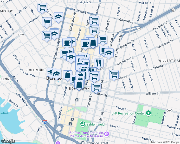 map of restaurants, bars, coffee shops, grocery stores, and more near 540 Main Street in Buffalo