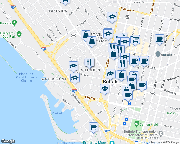map of restaurants, bars, coffee shops, grocery stores, and more near 32-44 7th Street in Buffalo