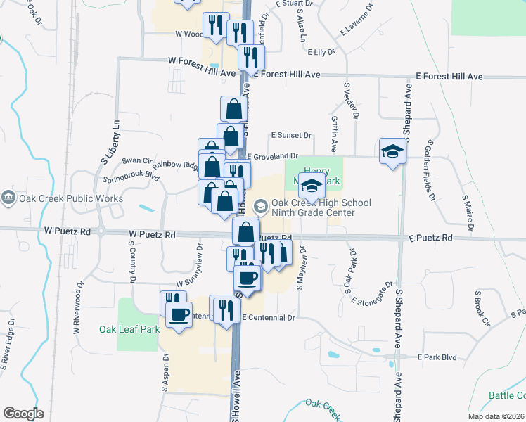 map of restaurants, bars, coffee shops, grocery stores, and more near 8640 South Howell Avenue in Oak Creek