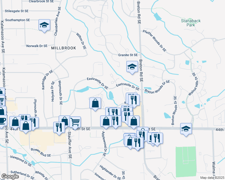 map of restaurants, bars, coffee shops, grocery stores, and more near 2139 43rd Street Southeast in Grand Rapids