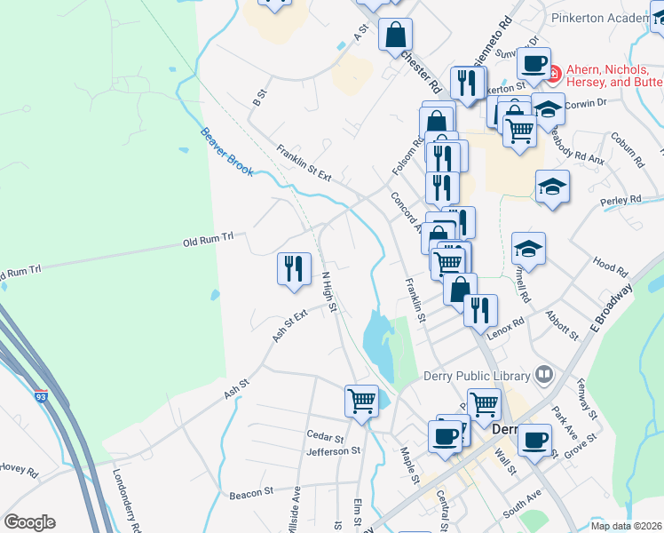 map of restaurants, bars, coffee shops, grocery stores, and more near 81 North High Street in Derry