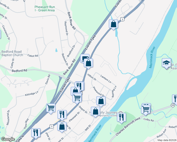 map of restaurants, bars, coffee shops, grocery stores, and more near 633 Daniel Webster Highway in Merrimack