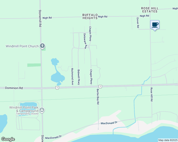 map of restaurants, bars, coffee shops, grocery stores, and more near 455 Chapin Parkway in Fort Erie
