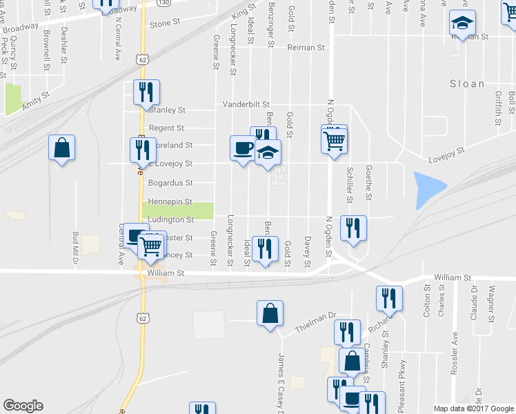 map of restaurants, bars, coffee shops, grocery stores, and more near 92 Benzinger Street in Buffalo