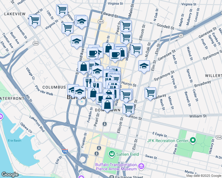 map of restaurants, bars, coffee shops, grocery stores, and more near 514 Main Street in Buffalo