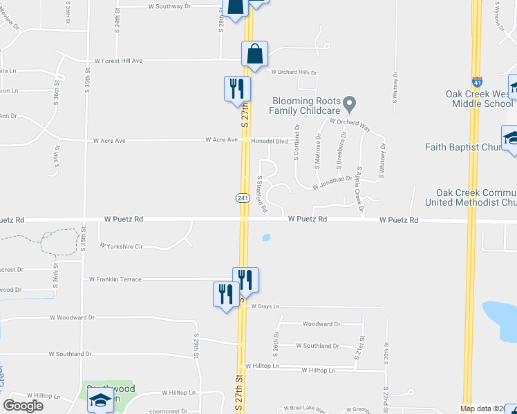map of restaurants, bars, coffee shops, grocery stores, and more near 8690 South 27th Street in Franklin