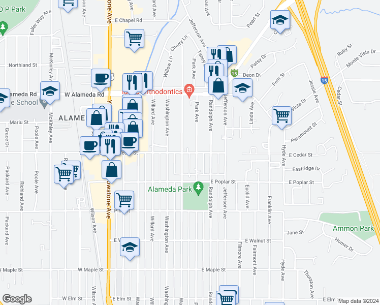 map of restaurants, bars, coffee shops, grocery stores, and more near 660 East Cedar Street in Pocatello